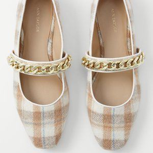 Ann Taylor Plaid Mary Jane Flat with Gold Chain